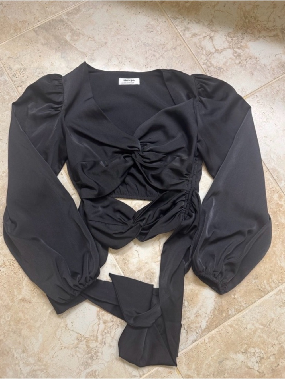 ShowPo Black Twist-Front Long Sleeve Crop Top size S